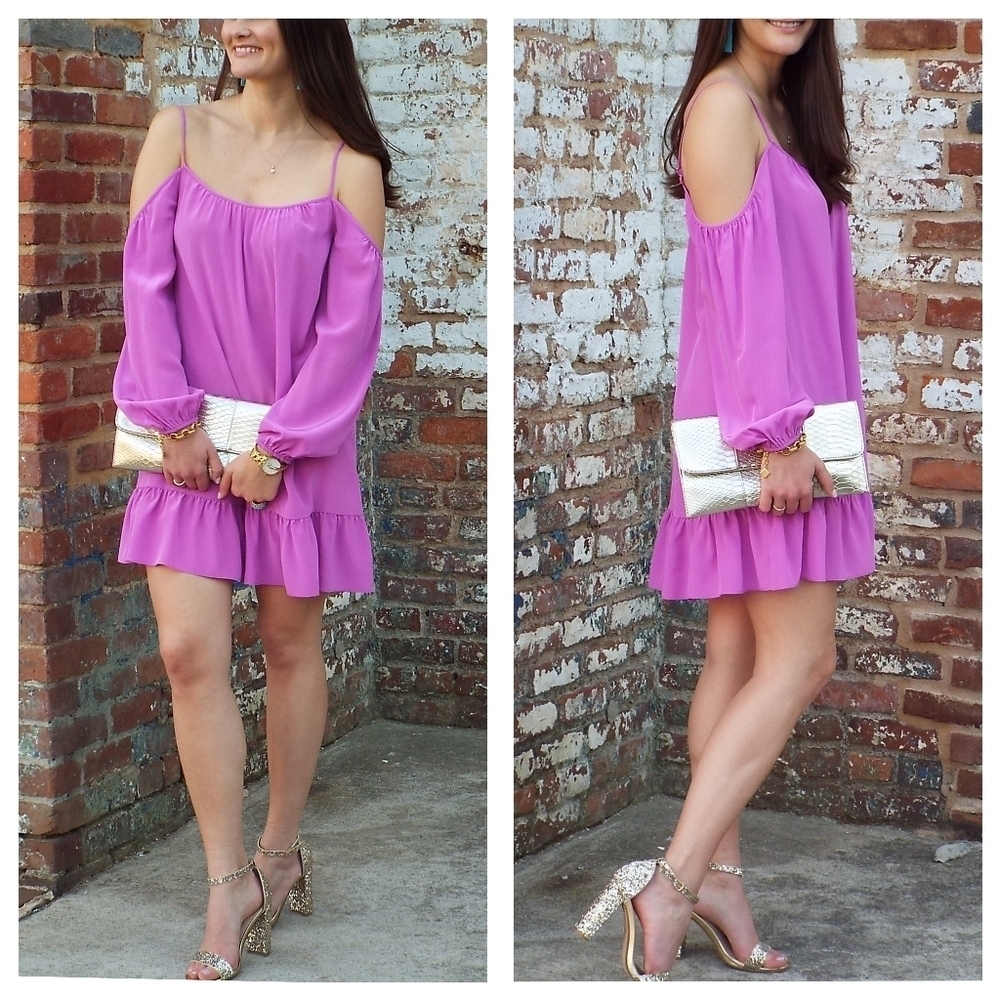Lilly Pulitzer Candice Open Shoulder Dress Sz XS Lavender 100% Silk Pleated Hem